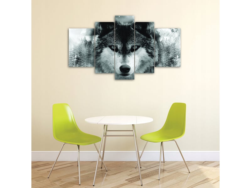Tableau Toile Loup Noir Et Blanc 5 Pièces - Art Mural Animalier Encadré