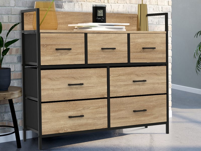 Commode 7 Tiroirs Tissu Rustique - 100x30x78 Cm, Style Campagne, Rangement Spacieux Pour Chambre, Salon, Bureau
