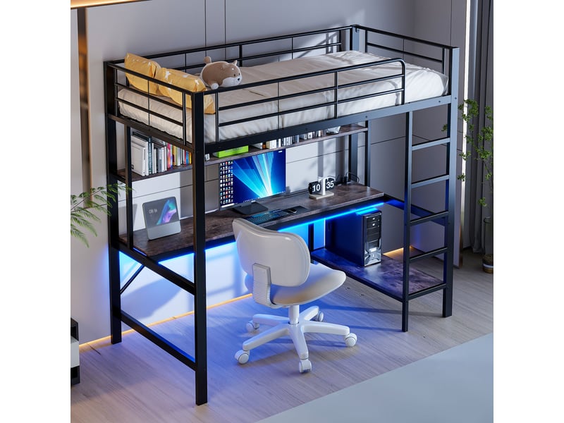 Lit Mezzanine 90x200 Cm Avec Bureau Et USB - Lit Surélevado Ado Métal Rangements, Sans Matelas, Noir, Certifié EN747
