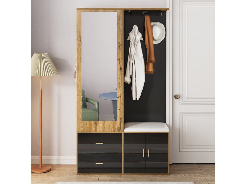 Meuble D'entrée Adgo - Armoire, Miroir, Cintres, Rangement Chaussures - Compact 85x180 Cm - Noir