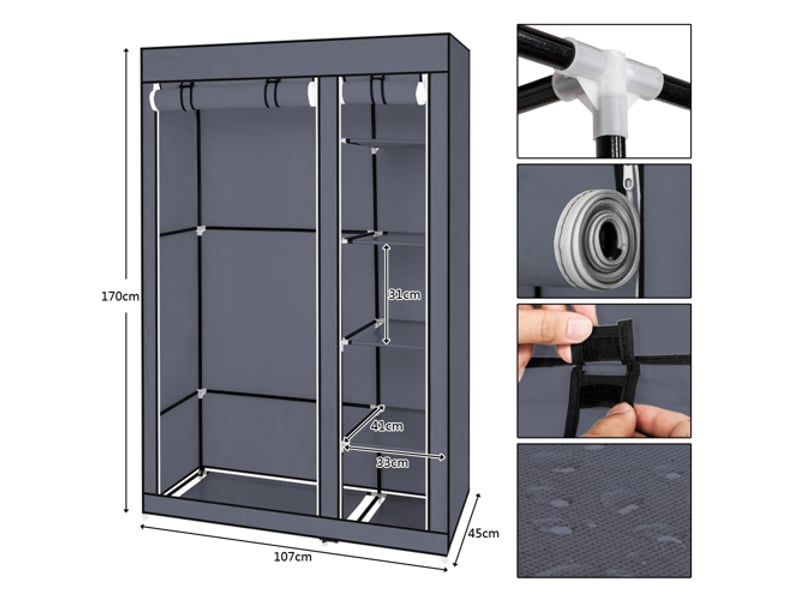 Armoire De Rangement Tissu Pliable HUOLE 172x134x43 Cm – Tringle Vêtements, Garde-Robe Textile Gris, Stable & Pratique