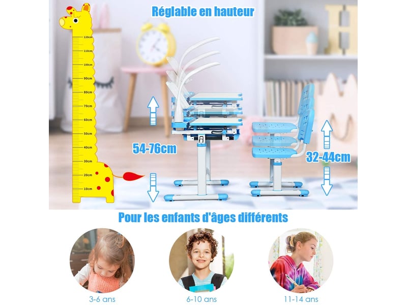 Bureau d'étude pour enfants et ensemble de chaises, bureau peut être levé et abaissé,Avec lampe de table-Bleu - Puériculture & Eveil bébé