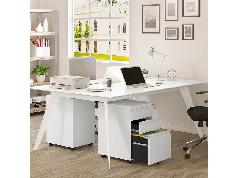 Caisson de bureau mobile.meuble de rangement en métal avec 3 tiroirs sur roulettes.39x46x62cm.blanc