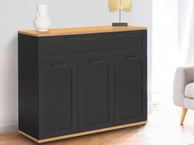 Buffet Bas VITO 100 Cm – 3 Portes + 1 Tiroir, Noir & Plateau Bois, Style Campagne Chic