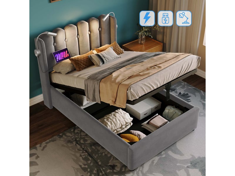Lit Coffre 90x200 Cm Avec Hydraulique – Canapé Lit Rembourré LED Et USB – Multifonction Velours Crème - 12