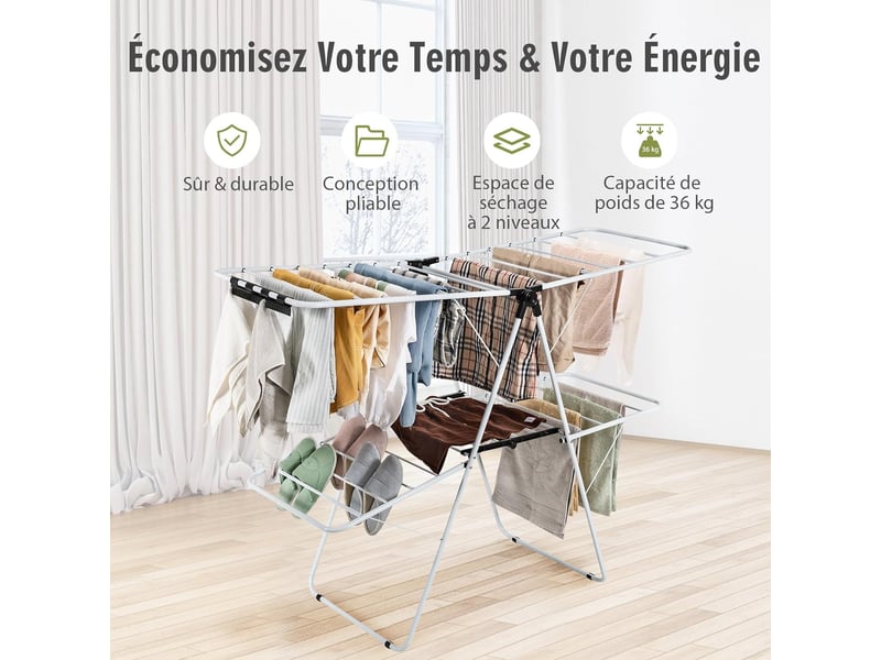 Costway - Étendoir à linge pliable en acier inoxydable - Cintre haut 182 cm - Ailes réglables 70