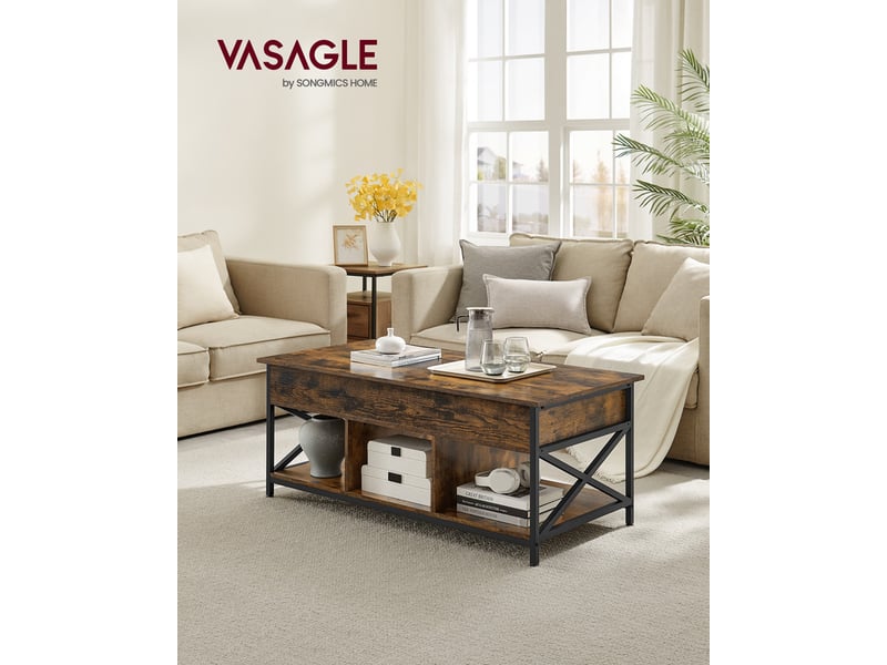 Table Basse Rectangulaire Réglable En Hauteur - Rangement Ouvert Et Caché - Vintage Marron/noir - 100x50x48-62 Cm - 5