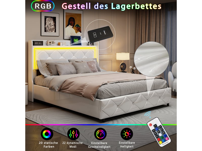 Lit Coffre 140x200 Cm Avec Rangement Et LED - 4 Tiroirs, Tête De Lit, Sommier Inclus, Blanc