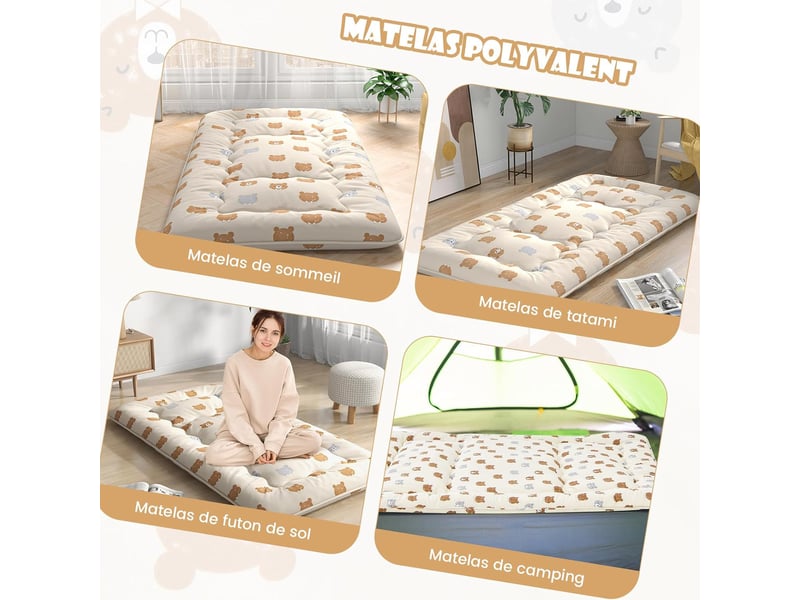 Matelas Futon Tatami 90x200x10cm - Housse Lavable, Pliable Avec Sac De Transport, Ours Marron
