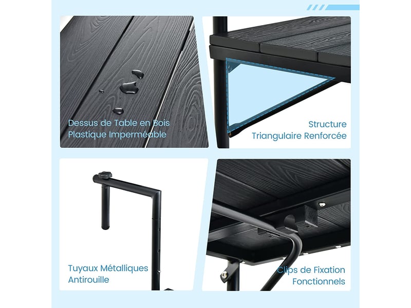 Relaxdays Table Balcon Suspendue Rabattable - Réglable 3 Hauteurs - Aspect Bois - 59.5x36cm - Noir