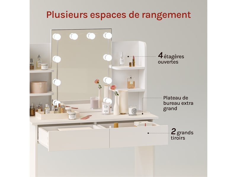Coiffeuse ZELIA miroir LED avec 1 tiroir, étagères, caisson de rangement et tabouret - Gamm vert