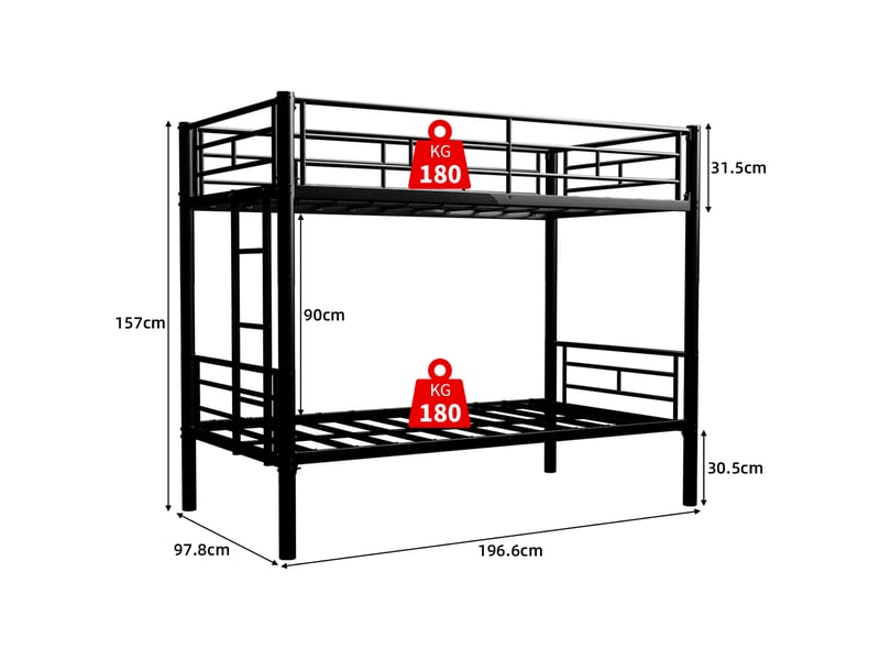 Lit Superposé Avec Rangement 90x200 Cm - Acier Haute Résistance, échelle Antidérapante, Espace De 30 Cm Sous Le Lit
