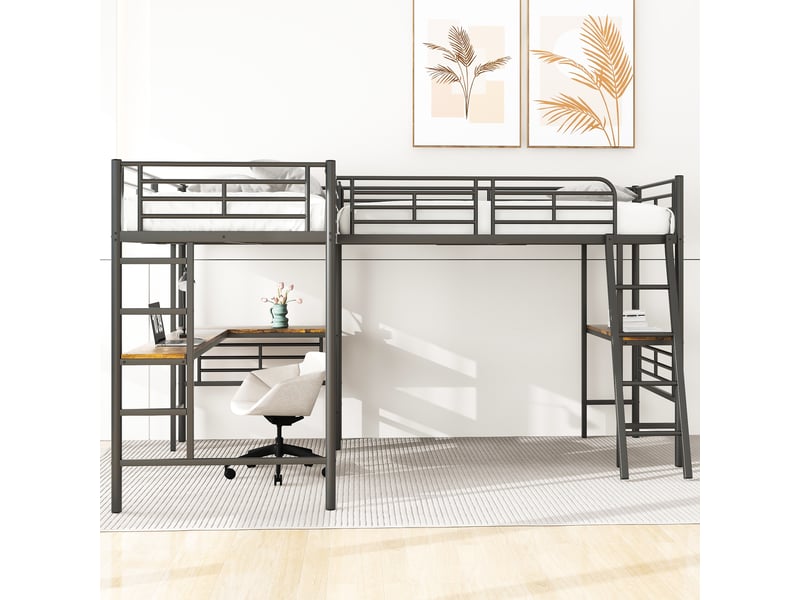 Lit Superposé Triple 90x200 Cm Métal - Avec 2 échelles, Garde-corps Sécurité, 3 Couchages, Idéal Petits Espaces - 2