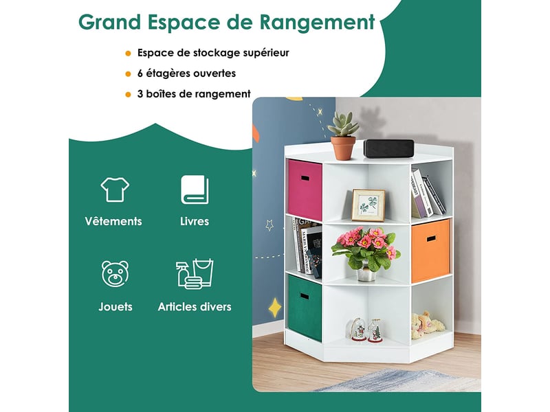 Bibliothèque Enfants 3 Niveaux COSTWAY Avec 3 Tiroirs Et 5 Compartiments - Étagère Livres 93x40x94 Cm