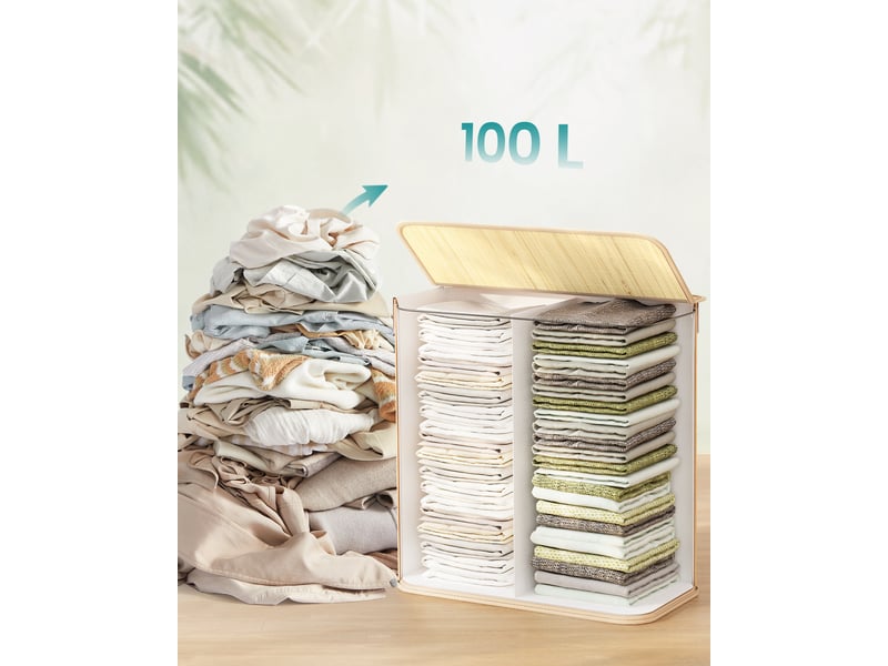 Panier à Linge Pliable 100L - Avec Sac Amovible Et Poignées Bambou - Rangement Buanderie, Chambre
