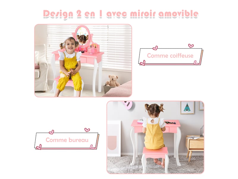 Coiffeuse Enfant DREAMADE Avec Tabouret - Miroir Cœur Amovible - 10 Accessoires Bois - Blanc/Rose