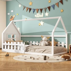 Lit Cabane Enfant 90x190 Cm - Blanc Et Naturel, Structure Pin Et MDF, Barrière De Sécurité, Sommier Lattes