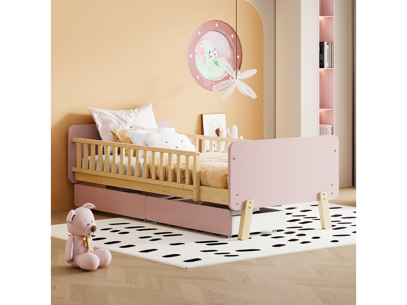 Lit Enfant KOBI Emma 160x80cm Avec Barrière Et Tiroir - Blanc, Gris, Rose - Matelas Inclus