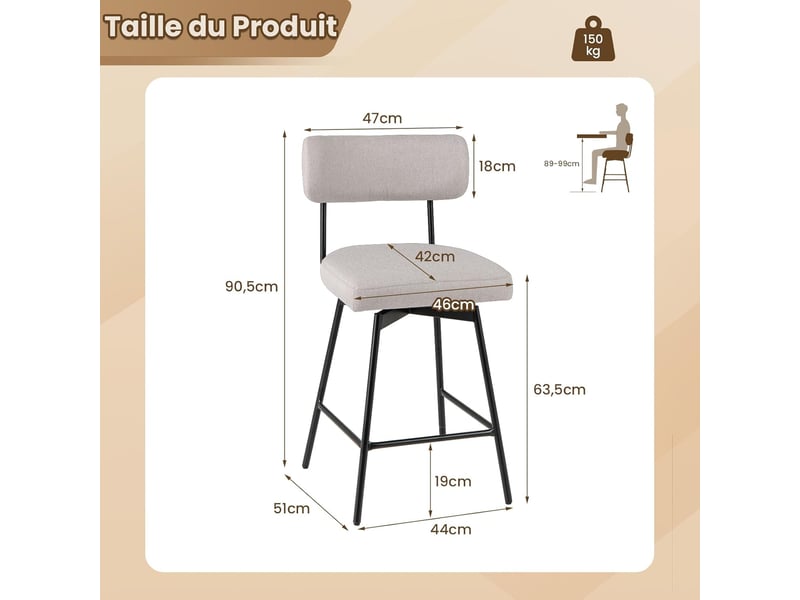 Lot De 2 Tabourets De Bar Pivotant, Chaise De Bar En Tissu Technique Hauteur Reglable Siege Rembourre Resistant Aux Taches Cadre En Metal 96327417