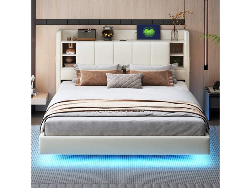 Lit Capitonné 160x200 Cm Avec Tiroirs Et LED | Tête De Lit Rangement, Charge USB - Velours