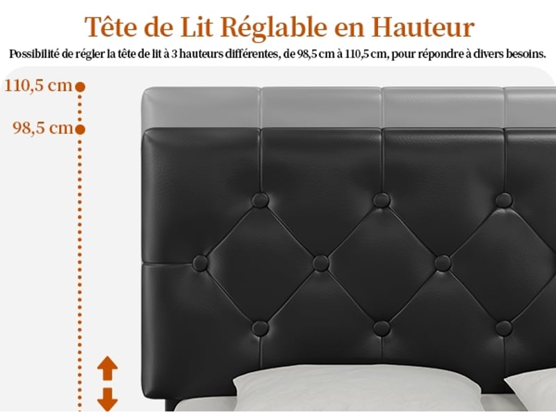 Lit Double 140x200 Avec Sommier Et Tête De Lit Capitonnée Réglable - Cadre Robuste, Velours Gris Foncé - Yaheetech - 10