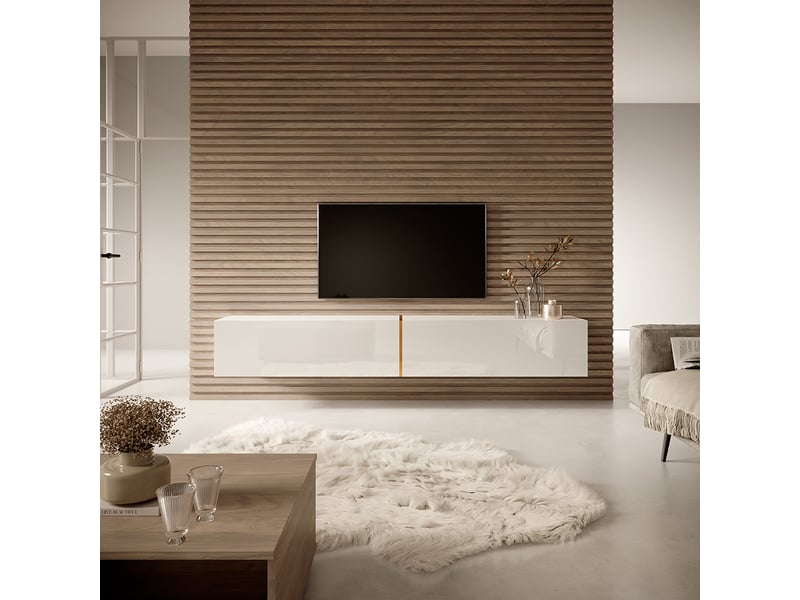 Meuble TV 140cm Selsey MIRRGO - Style Marbre Blanc Avec Insert Doré - 2 Portes + 2 étagères - Stratifié Résistant