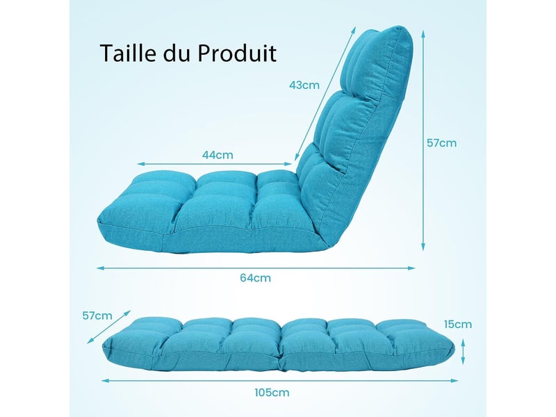 Canapé Paresseux COSTWAY Pliable - Dossier Réglable 14 Positions - Velours Bleu 105x57cm Max 90kg