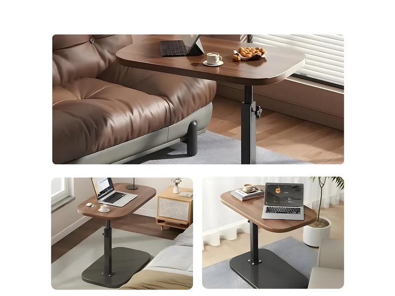 Table D'Appoint En Forme De C Noyer - Hauteur Réglable 45-80cm, Plateau Rotatif 360°, Idéale Pour Canapé, Lit Ou Balcon