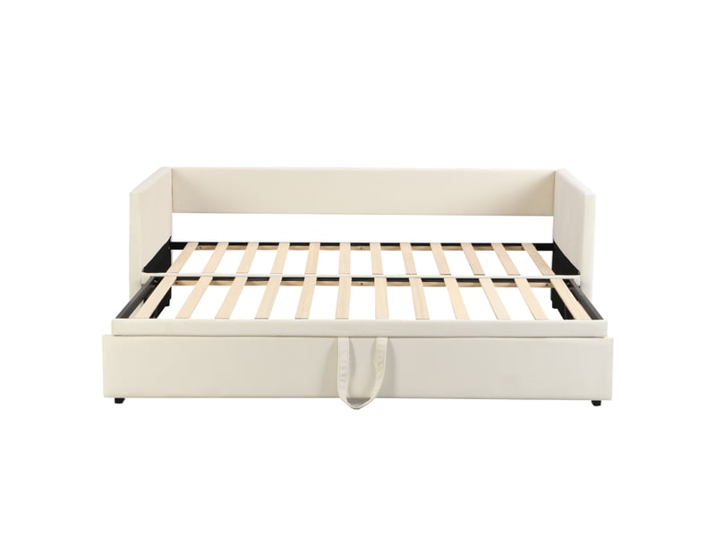 Canapé-lit Convertible Velours Beige 90/180x200 Cm - Lit Double Extensible, Structure Lattes Bois - Sans Matelas