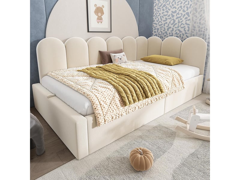 Canapé-lit Gigogne 90x190 Cm Avec Coffre - Rembourré, Sommier Lattes Inclus, Sans Matelas, Couleur Beige Lin