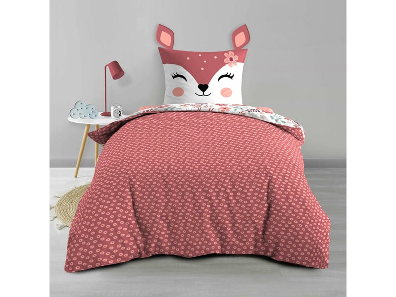Housse De Couette Simple Enfant 90x190cm + Taie - Motif Raton Laveur & Roses, Microfibre Douce, Fermeture éclair