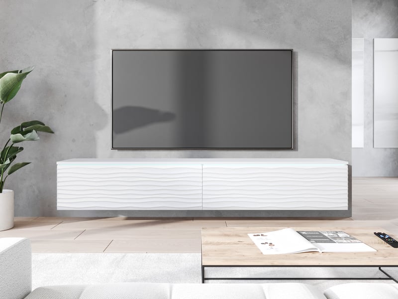 Meuble TV Flottant 180cm PIASKI - Style Bois Vintage Avec Éclairage LED - Lowboard Moderne Pour Salon