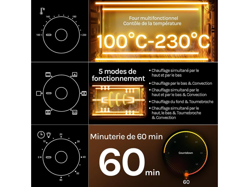 Four électrique avec écran tactile LCD, four avec fonction visuelle, four électrique, noir