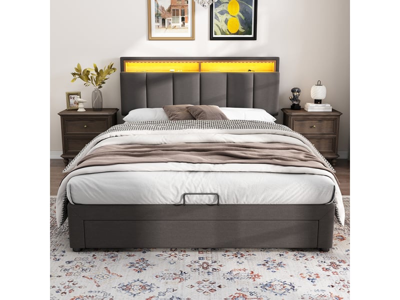 Lit Coffre 140x190 Cm Avec LED Et Ports USB - Tête De Lit Rembourrée Avec Rangement Et Tiroirs - Sans Matelas - Gris Lin
