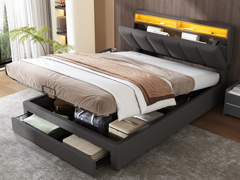 Lit Coffre 140x190 Cm Avec Tête De Lit Rangement, LED RGB Et Ports USB - Sommier à Lattes, 2 Tiroirs, Idéal Chambre Ado Ou Adulte (sans Matelas)