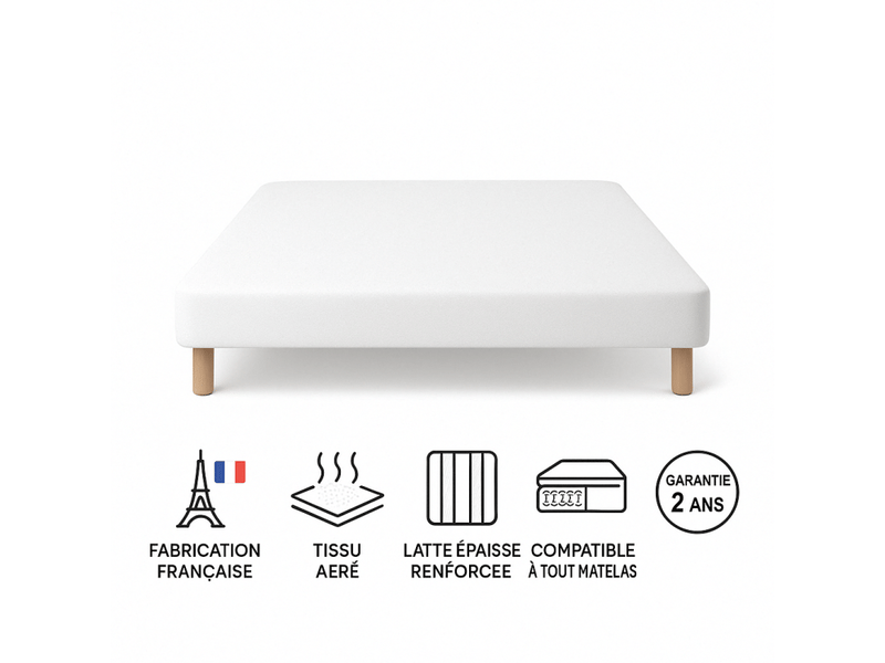 Sommier Tapissier Peggy Blanc 130x190cm Fabrication Française - Pieds Offerts