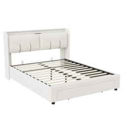 Lit Double Rembourré KOMHTOM 160x200cm - USB/Type-C, Tête De Lit Dorée, Lit Coffre | Sans Matelas