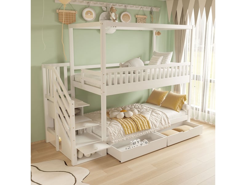 Lit Superposé Enfant 2 Places 90x200 - Structure Bois Massif Blanc - Avec Échelle Et Barrière Sécurité