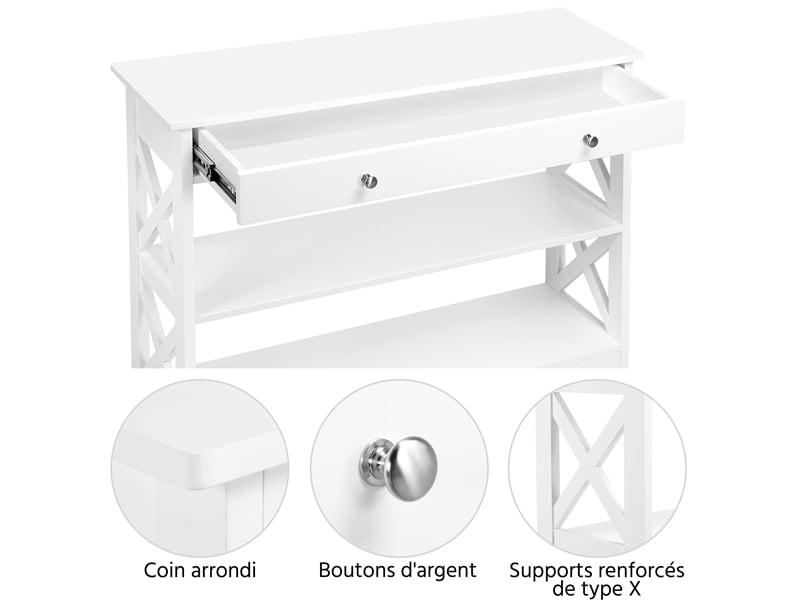 Table Console Bois MDF Blanc 80x30x80 Cm - 2 Étagères + Tiroir - Design Forme X Élégant