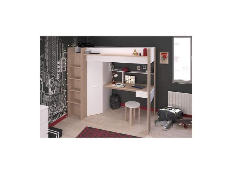 Lit Mezzanine Double Enfant Alexandra PARISOT - 2 Lits 90x200cm - Avec Bureaux Et Rangements - Blanc/Chêne - 7