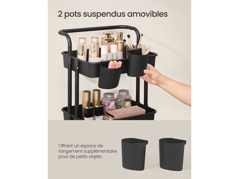 SONGMICS Storage Trolley, 4 Levels, Trolley on Wheels, Shelf, Handle, 2 Pots, 2 Brakes, Plastic Baskets, Easy Assembly, Bedroom, Kitchen, Black BSC077BZ01