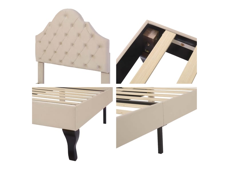 Lit Rembourré Enfant/Adulte 90x200 Cm Beige – Tête De Lit Réglable Hauteur, Tissu Cachemire Doux, Sommier Lattes Bois