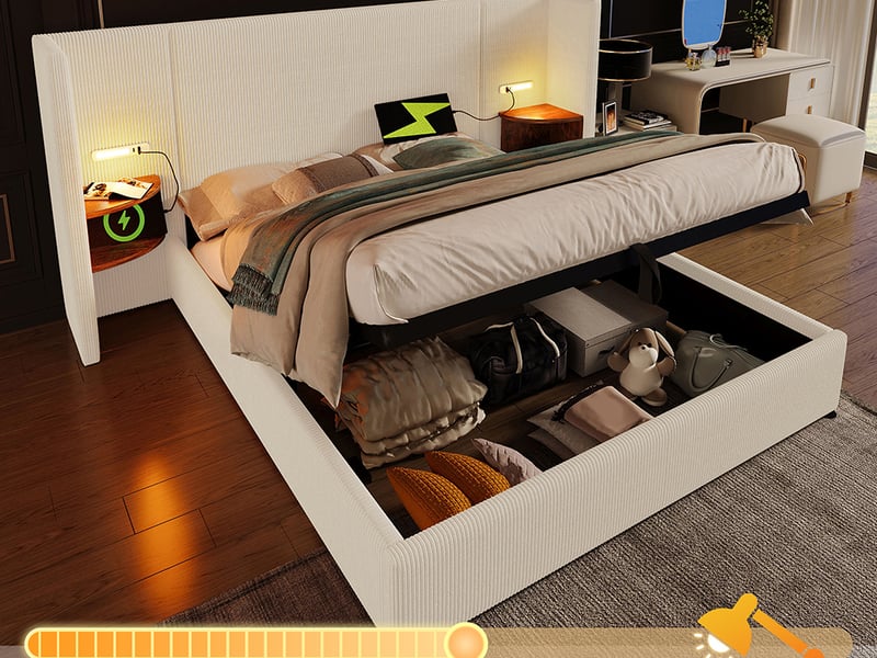 Lit Coffre Double 160x200 Cm Avec LED Et Ports USB - Tête De Lit Rembourrée Velours - Rangement Intégré - Couleur Beige