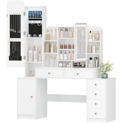 FiveWillowise Coiffeuse Blanche LED 3 Couleurs - Miroir Grand + Tabouret + 6 Étagères + 2 Tiroirs + Chargeur