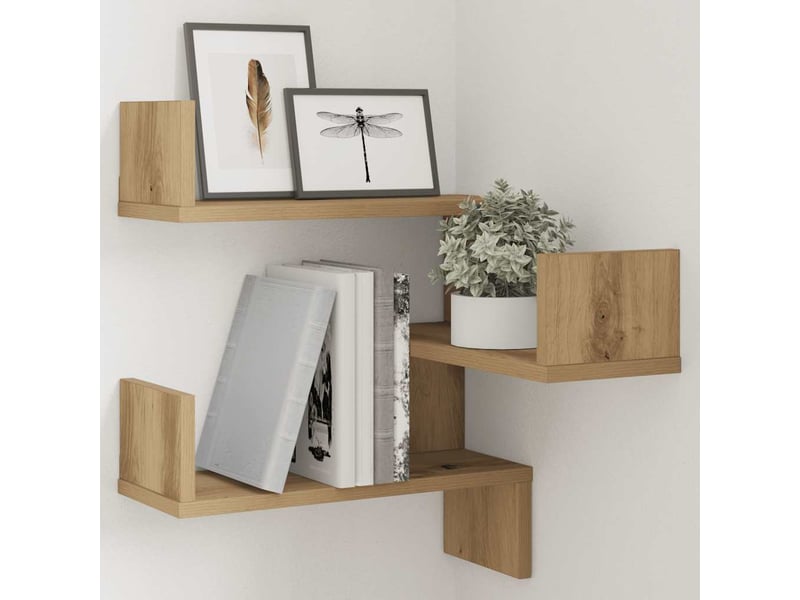 Étagère D'Angle Murale Bois Chêne 40x40x50 Cm – Étagère Flottante Coin Salon Chambre Salle De Bain – Rangement Gain De Place