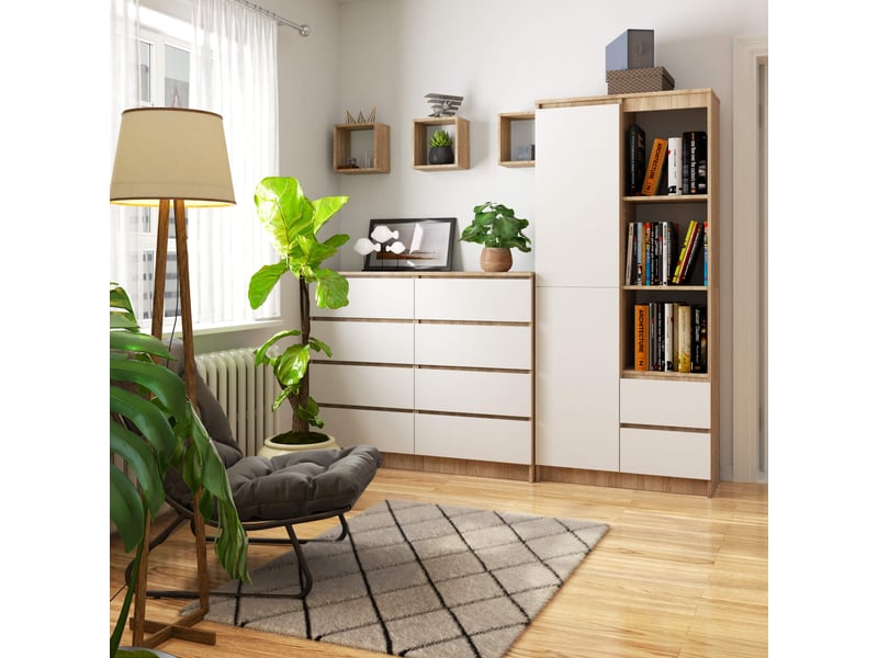 Bibliothèque Bureau AKORD 80x180cm - 7 Étagères, 2 Tiroirs, 1 Porte, Blanc/Sonoma