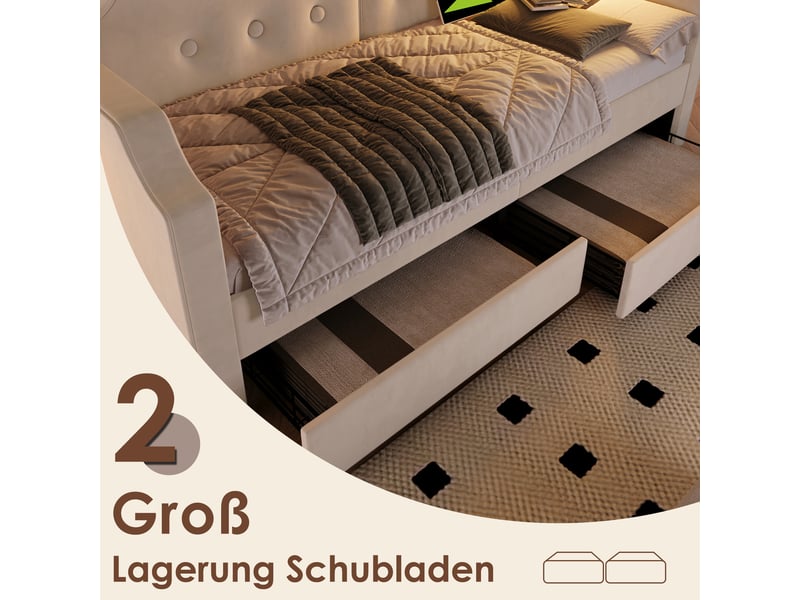 Canapé-lit 1 Personne 90x200 Cm Avec Lumières LED Et Ports USB | 2 Tiroirs De Rangement, Sommier Lattes | Velours Beige, Sans Matelas - 5