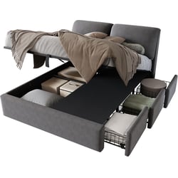 Lit Coffre 140x190 Avec USB Et Charge Sans Fil - LED RGB Et Rangement Intégré - Noir Et Gris