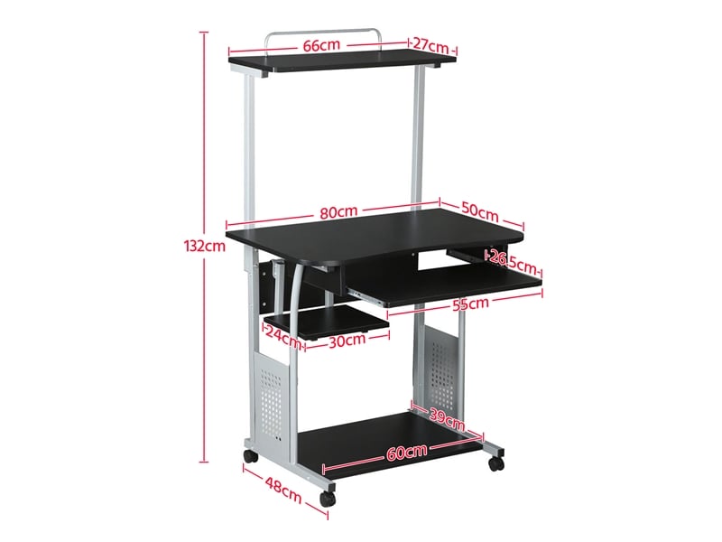 Bureau Informatique Yaheetech Avec Roulettes - Support Clavier Coulissant, 4 Étages - 80x48x76cm Noir