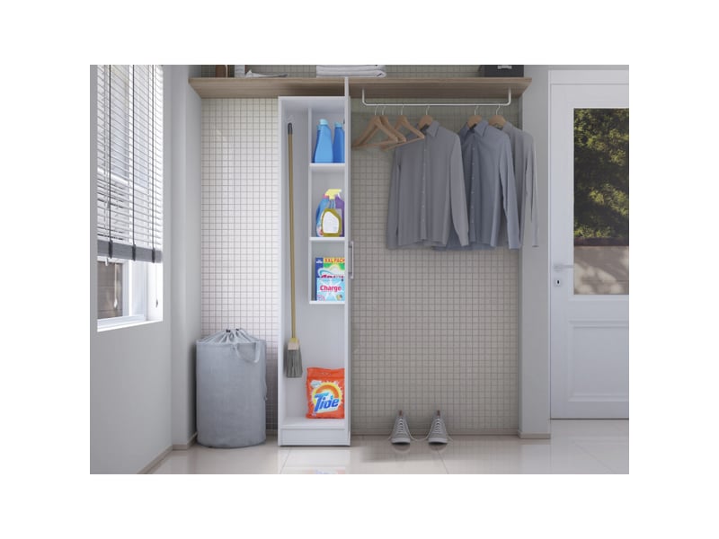 Armoire De Buanderie Et Cellier Blanche 61 Cm - 5 Niches + Espace Balais & Seau - Idéale Pour Garage Et Maison